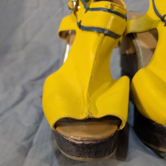 Michael Domit Yellow Leather Wood Platform Wedge Sandals - Picture 2 of 10